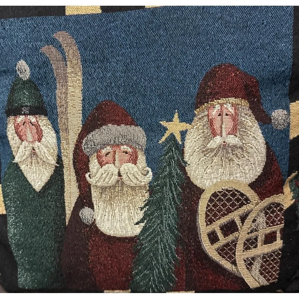Vtg Tapestry Primitive Santa Claus Skiing Christmas‎ Throw Decor Pillow Set Of 2